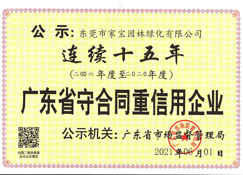 一连十五年（2006年度至2022年度）广东省守条约重信用企业